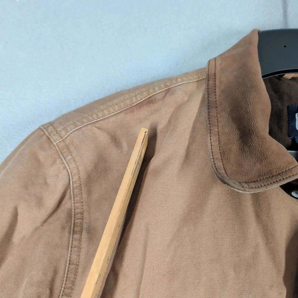 Gap Jacket Mens XL Brown Cotton Canvas Barn‎ Leather Collar Quilted Lining - Picture 7 of 13